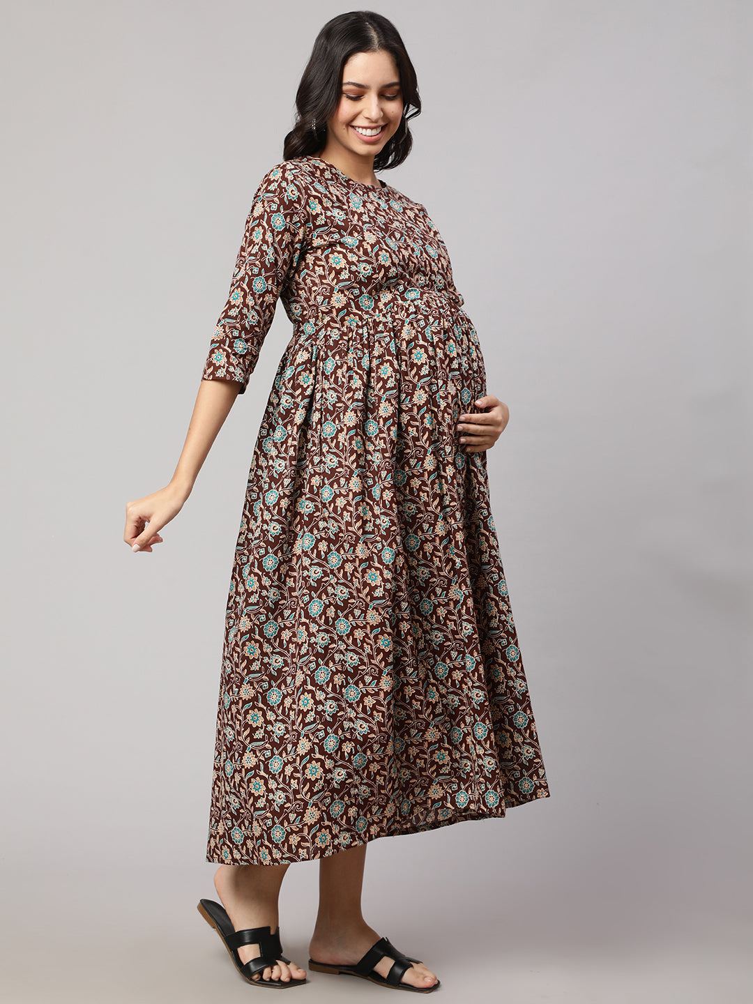 Brown Floral Printed Flared Maternity Dress