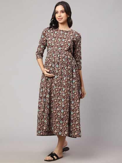 Brown Floral Printed Flared Maternity Dress