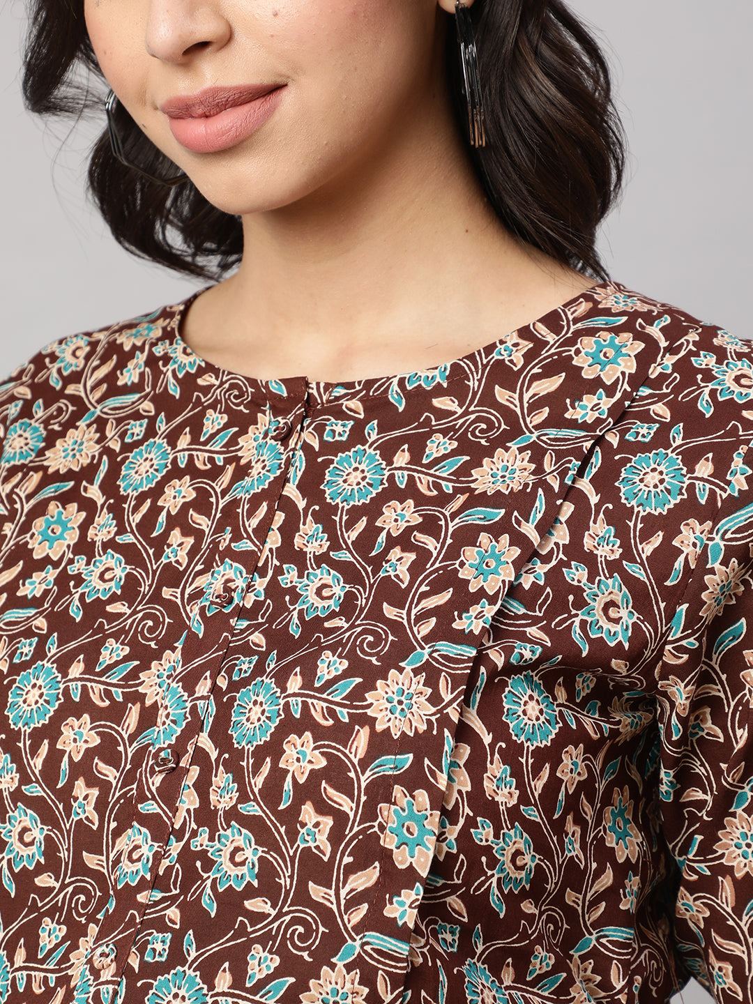 Brown Floral Printed Flared Maternity Dress