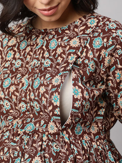Brown Floral Printed Flared Maternity Dress