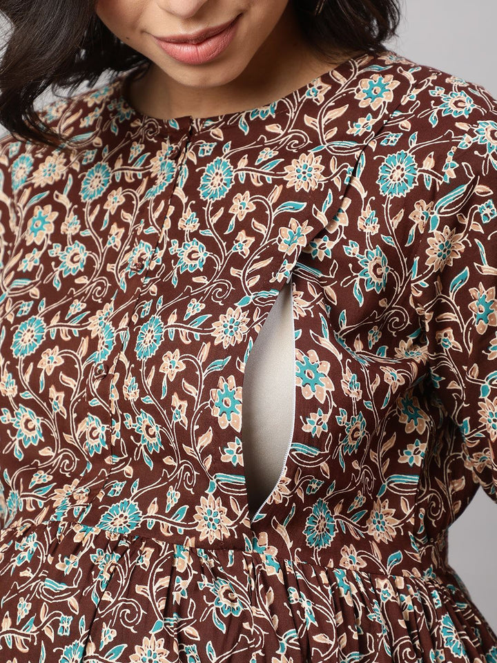 Brown Floral Printed Flared Maternity Dress
