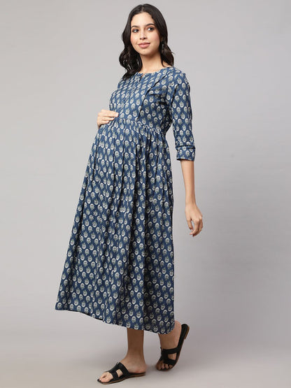 Blue Printed Flared Maternity Dress