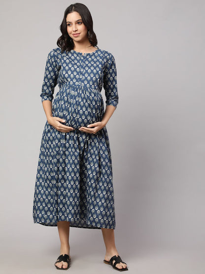 Blue Printed Flared Maternity Dress