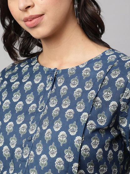 Blue Printed Flared Maternity Dress