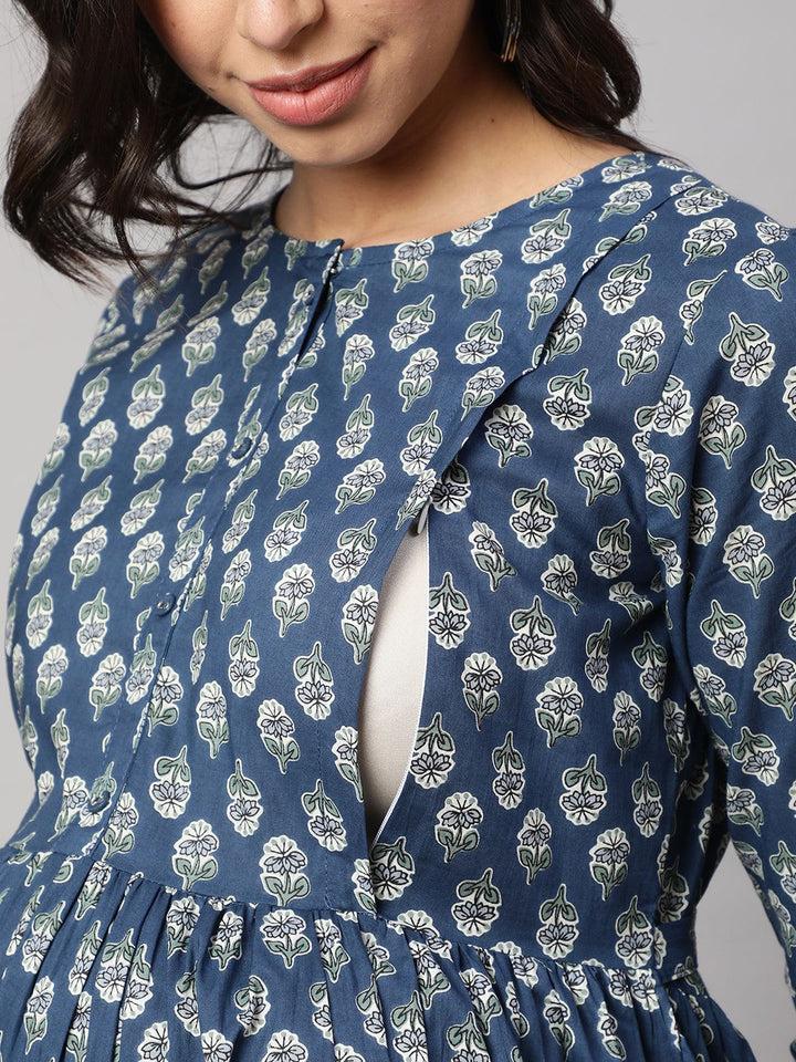 Blue Printed Flared Maternity Dress