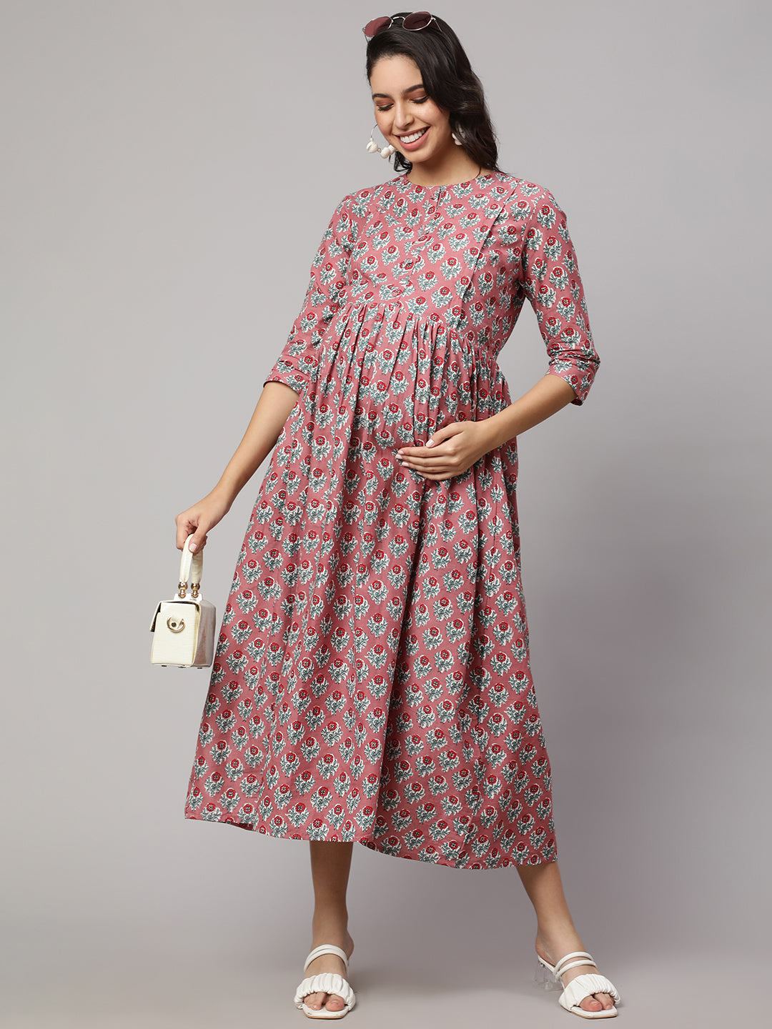 Mauve Floral Printed Flared Maternity Dress