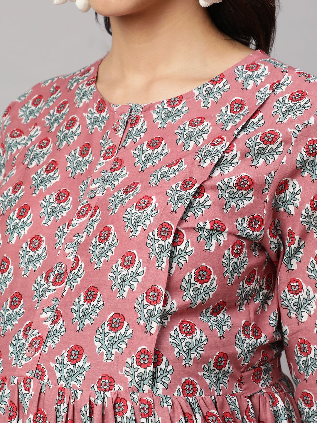 Mauve Floral Printed Flared Maternity Dress