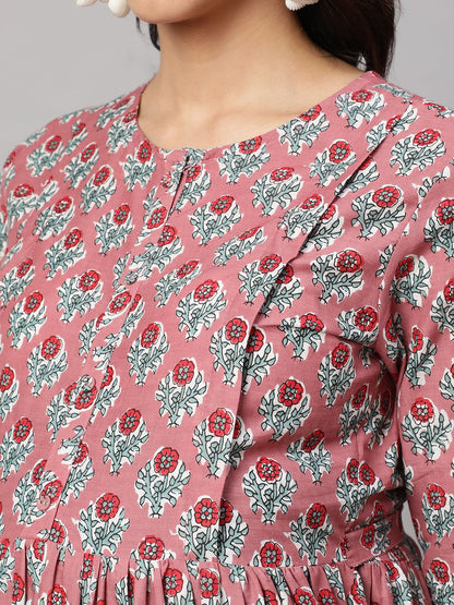 Mauve Floral Printed Flared Maternity Dress