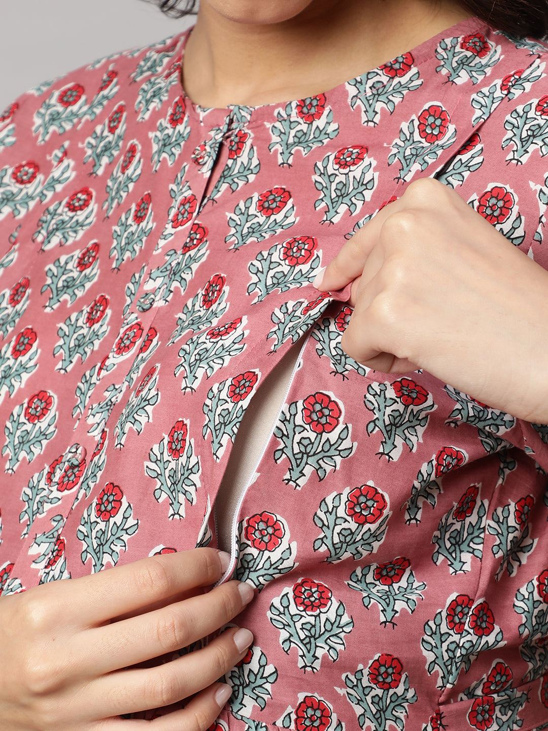 Mauve Floral Printed Flared Maternity Dress