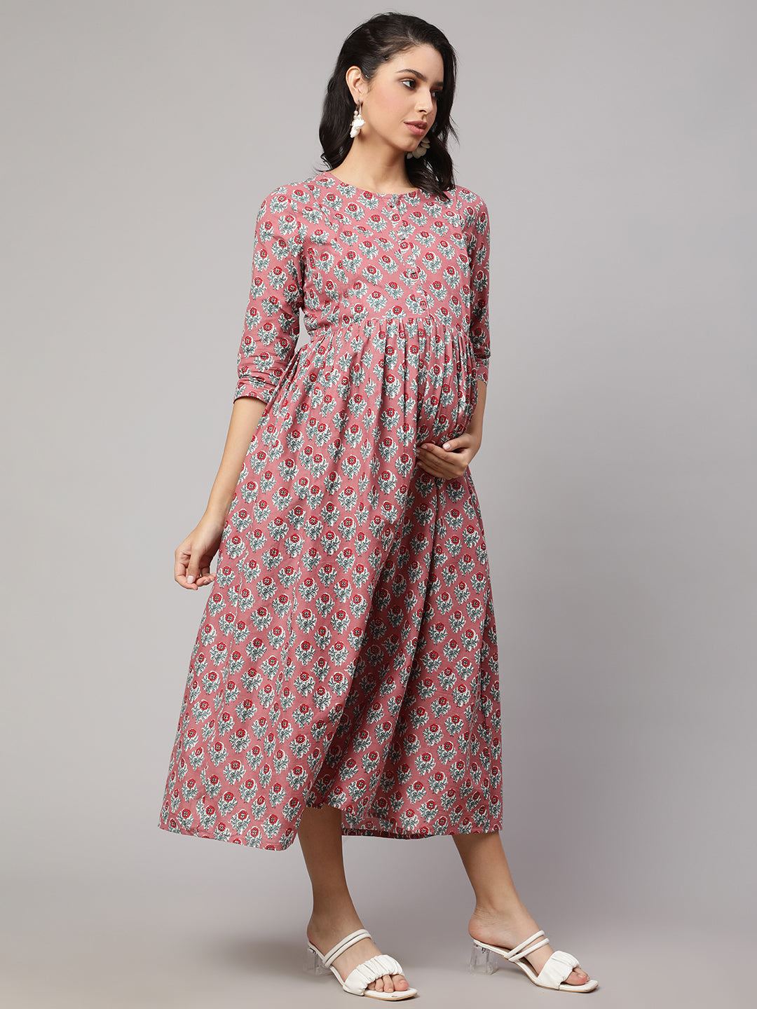 Mauve Floral Printed Flared Maternity Dress
