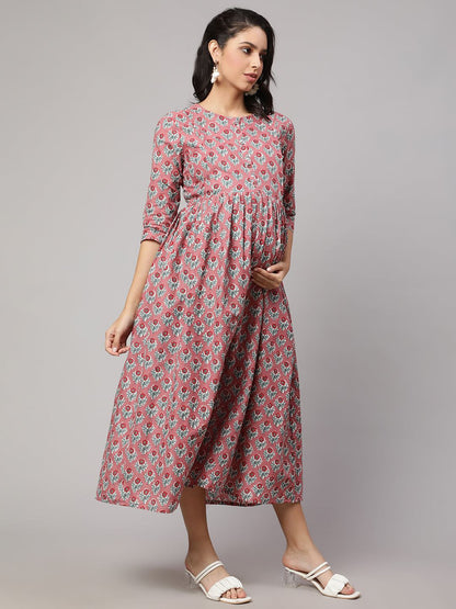 Mauve Floral Printed Flared Maternity Dress