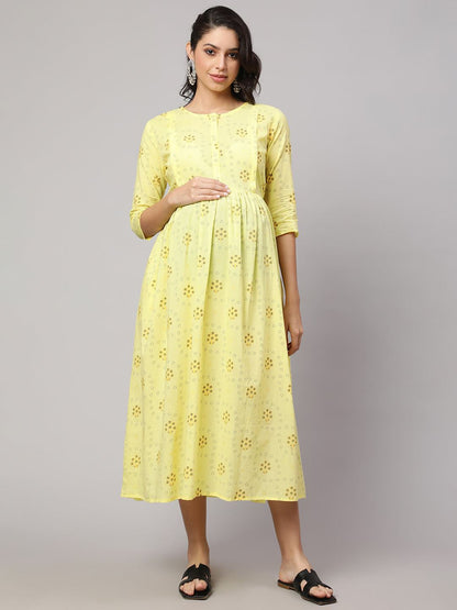Lemon Yellow Printed Maternity Dress