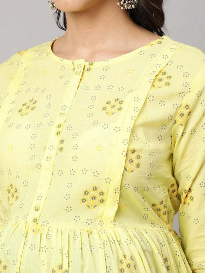 Lemon Yellow Printed Maternity Dress
