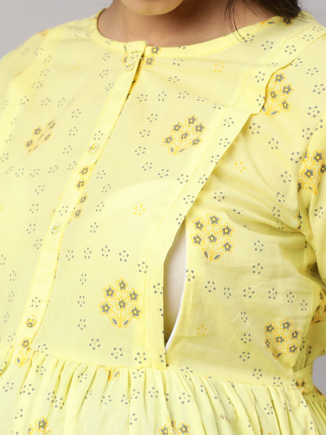Lemon Yellow Printed Maternity Dress