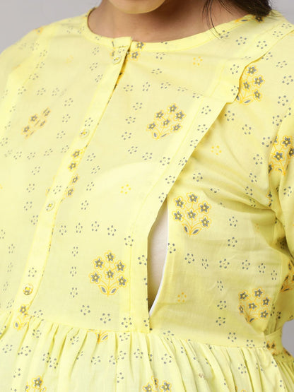 Lemon Yellow Printed Maternity Dress