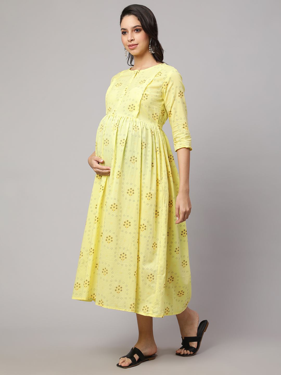 Lemon Yellow Printed Maternity Dress