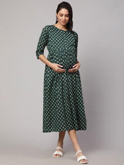 Green Ethnic Printed Maternity Dress