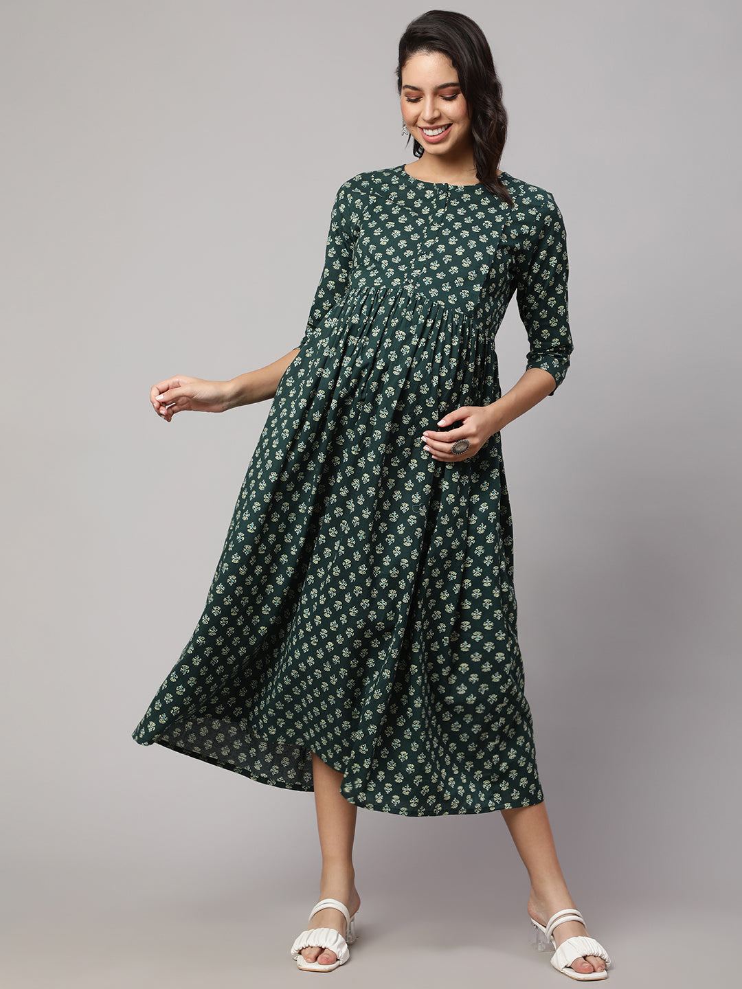Green Ethnic Printed Maternity Dress