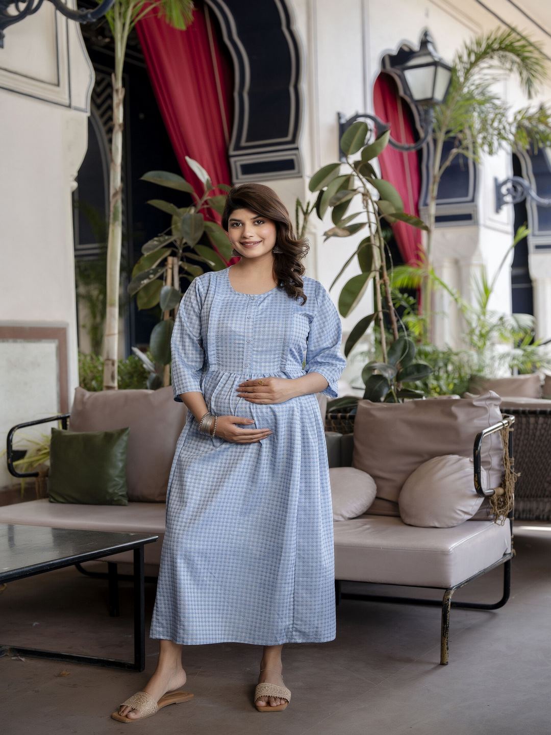 Blue Printed Flared Maternity Dress