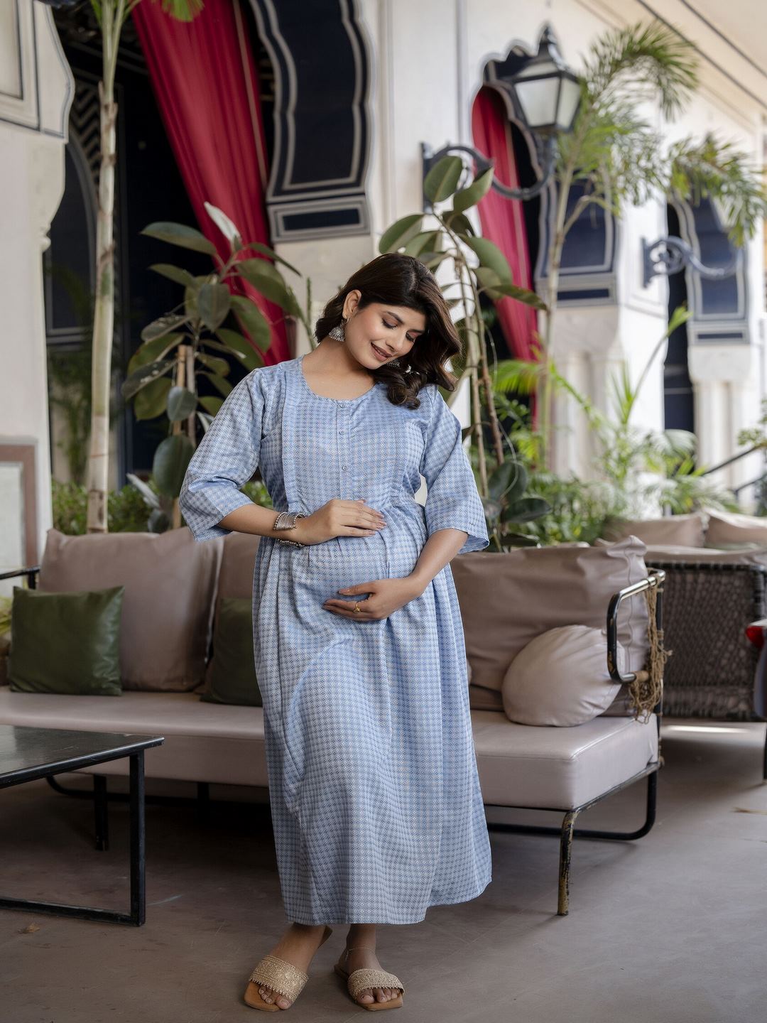 Blue Printed Flared Maternity Dress