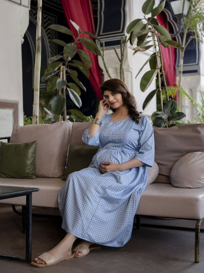 Blue Printed Flared Maternity Dress
