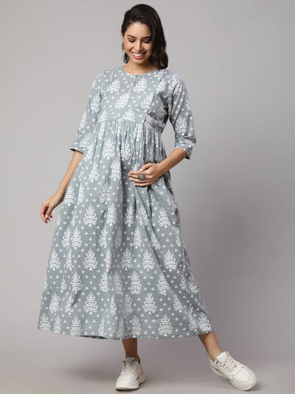 Grey Ethnic Printed Maternity Dress