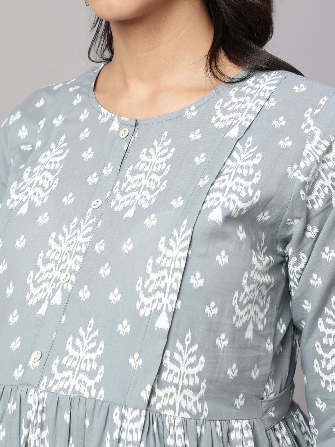 Grey Ethnic Printed Maternity Dress