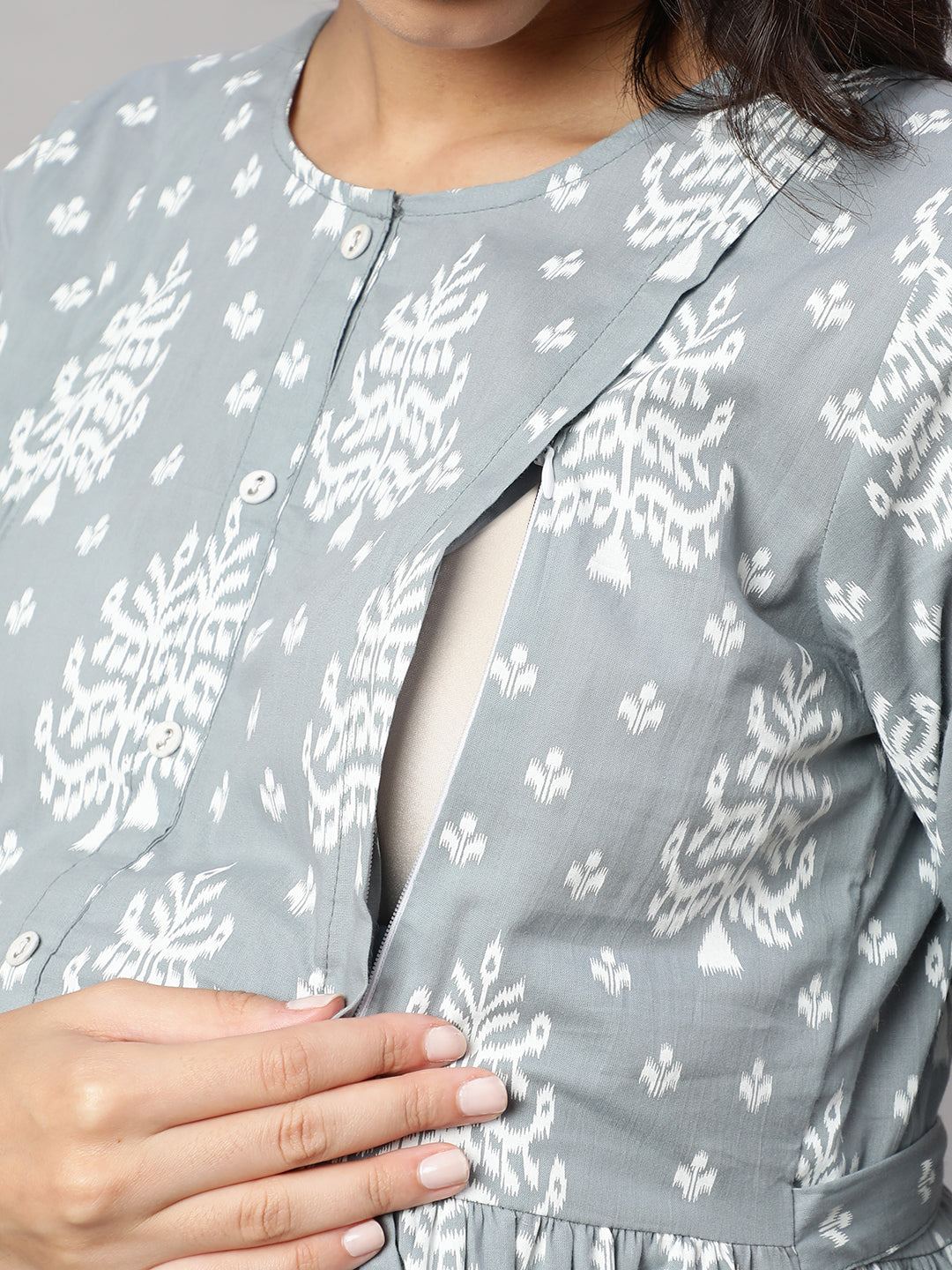 Grey Ethnic Printed Maternity Dress