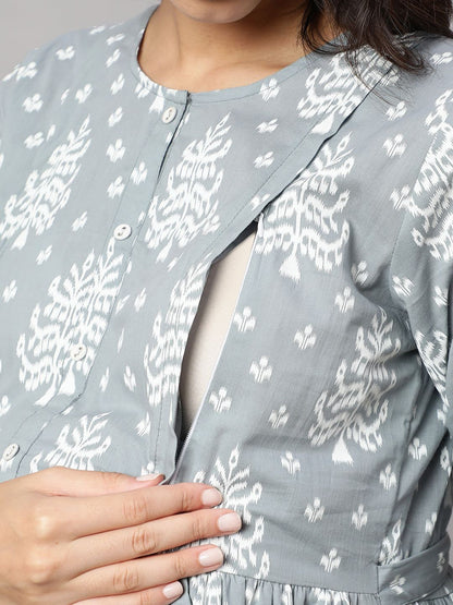 Grey Ethnic Printed Maternity Dress