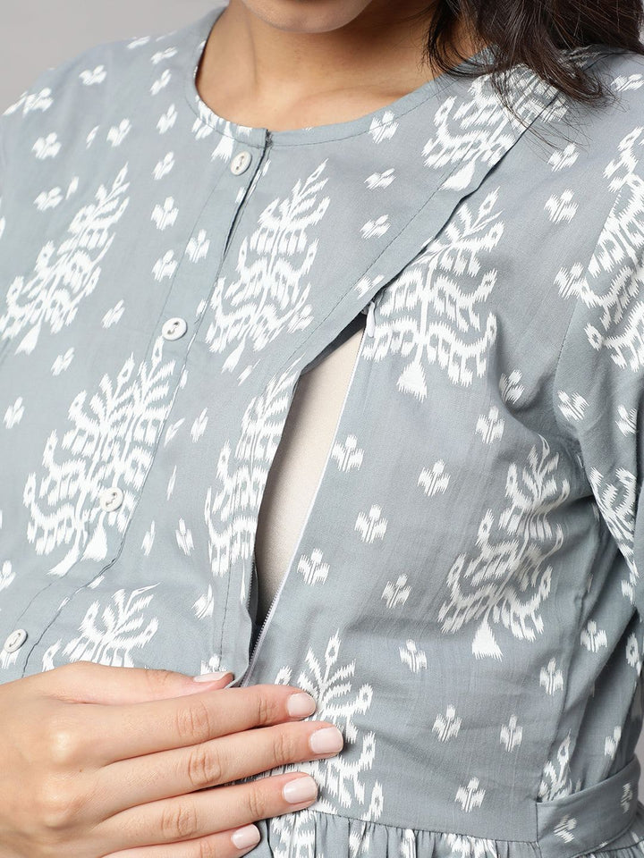 Grey Ethnic Printed Maternity Dress