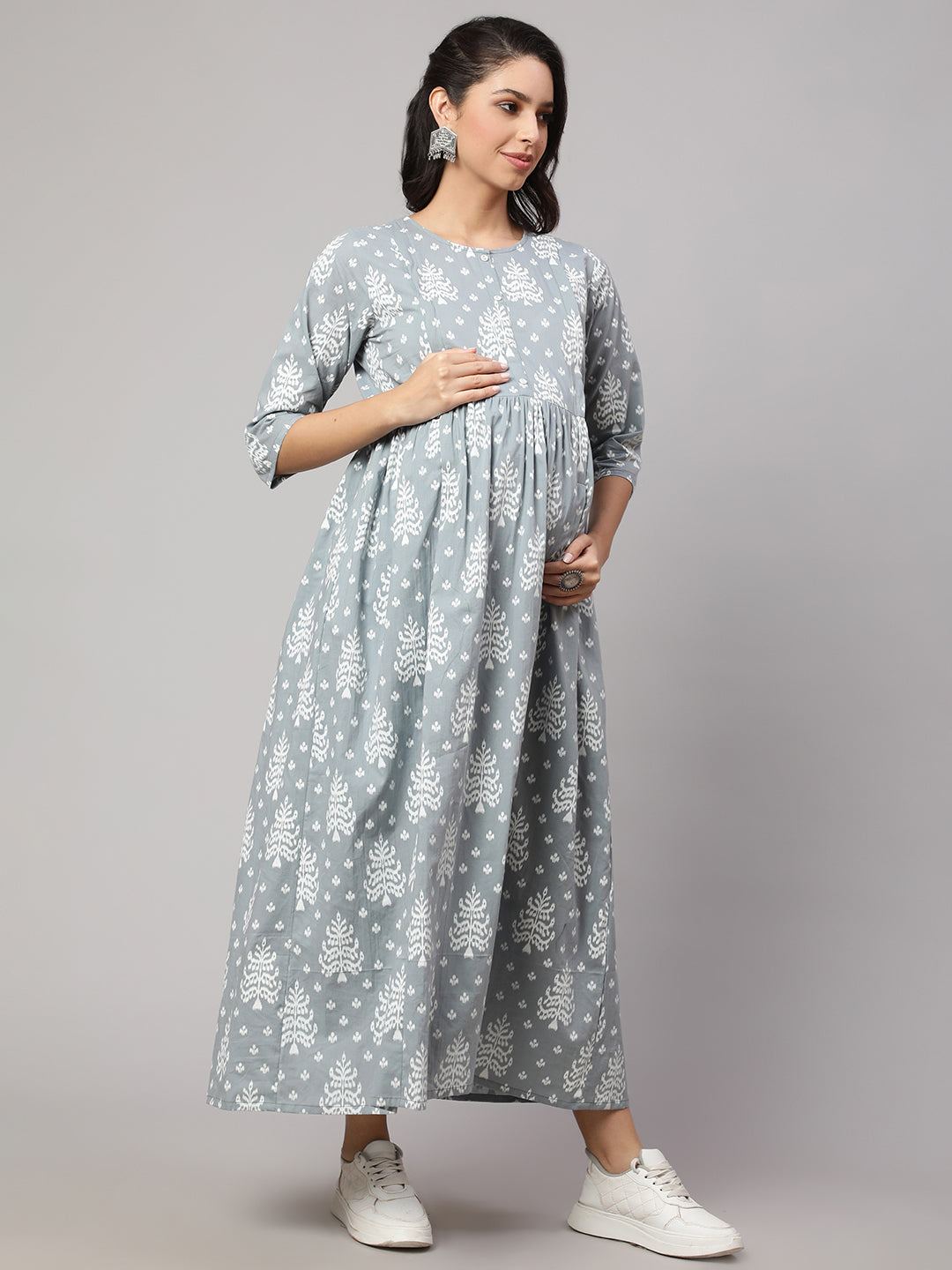 Grey Ethnic Printed Maternity Dress