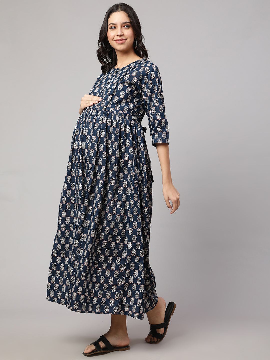 Blue Printed Flared Maternity Dress