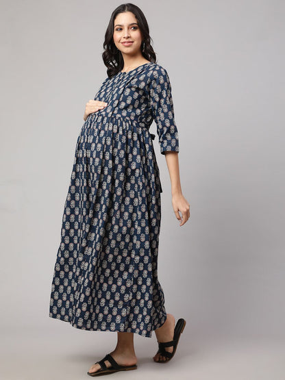Blue Printed Flared Maternity Dress