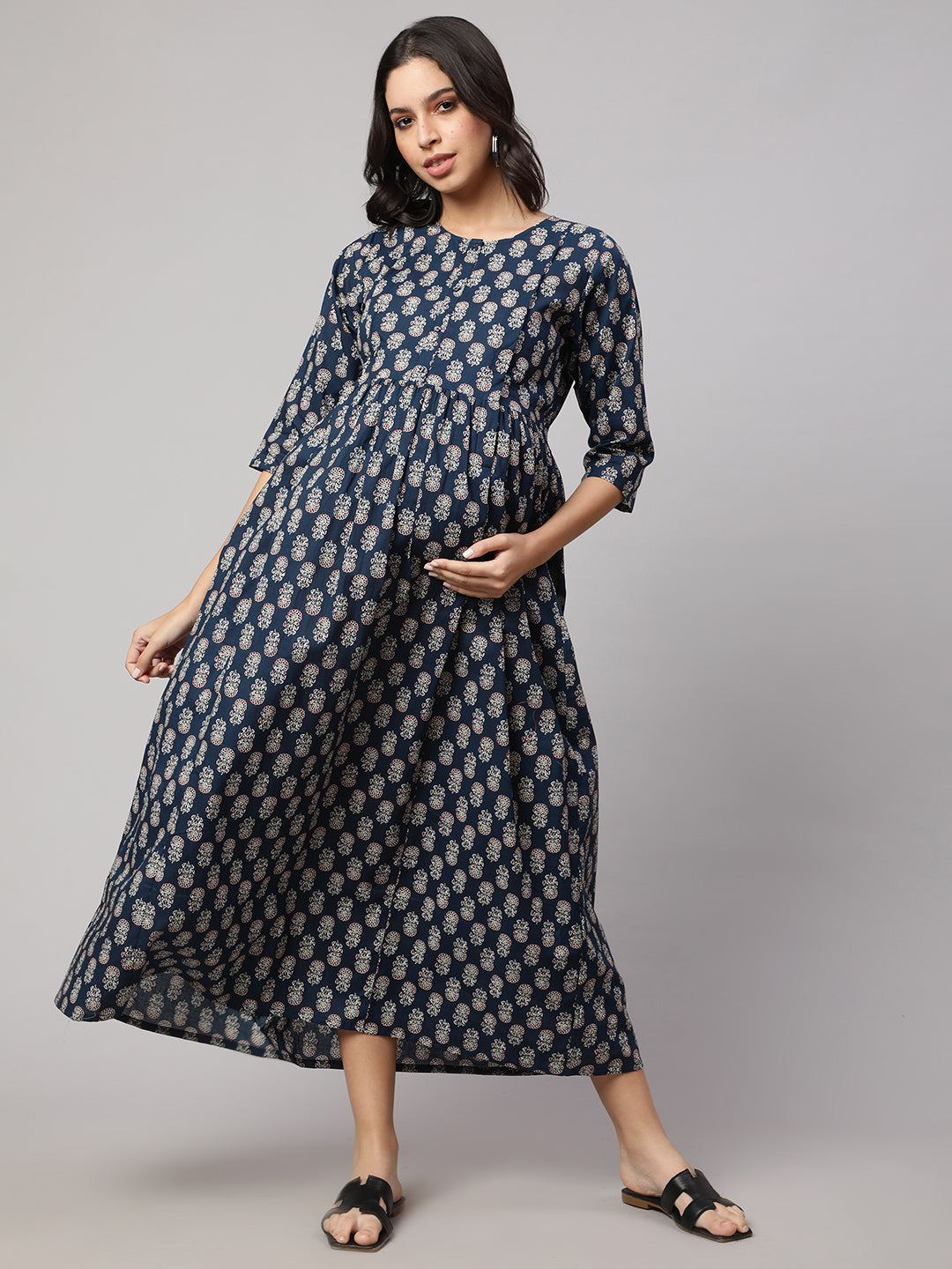 Blue Printed Flared Maternity Dress