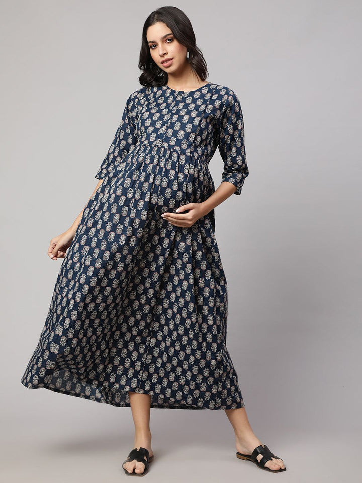 Blue Printed Flared Maternity Dress