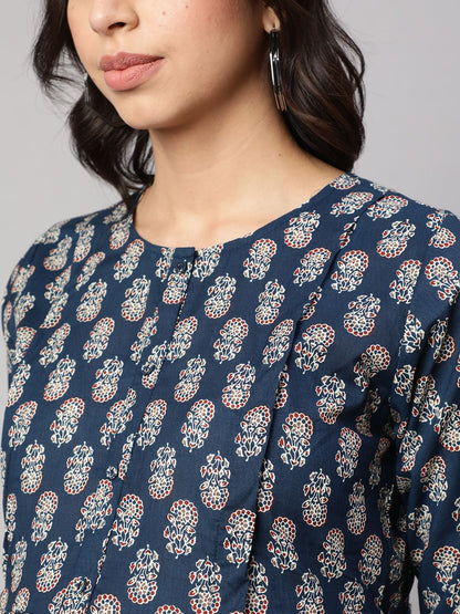 Blue Printed Flared Maternity Dress