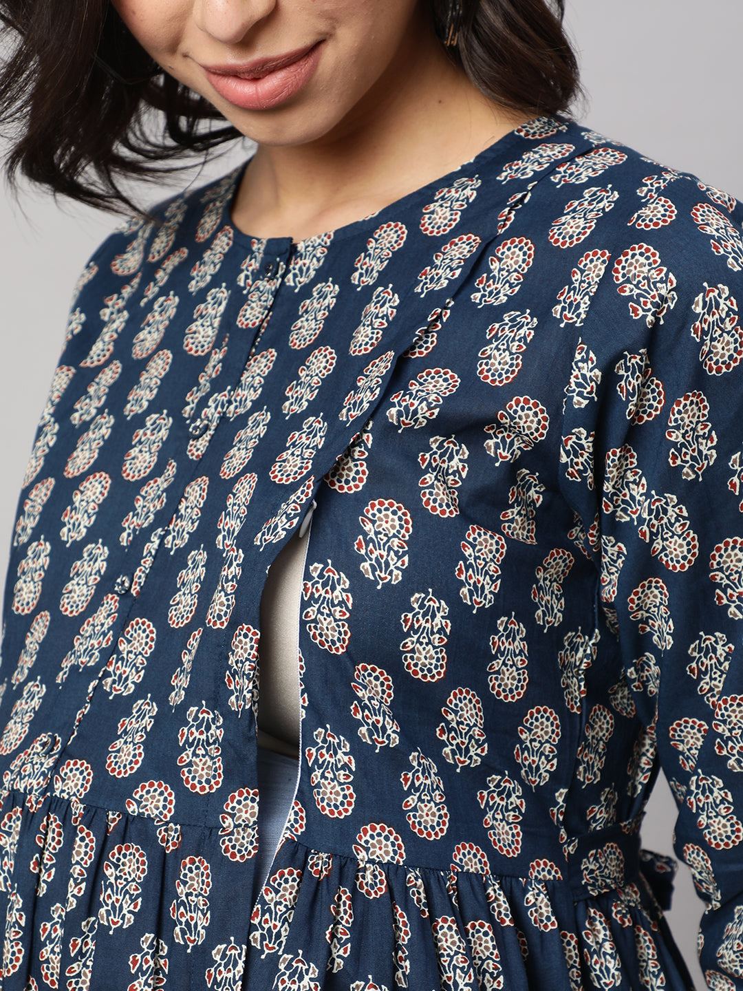 Blue Printed Flared Maternity Dress
