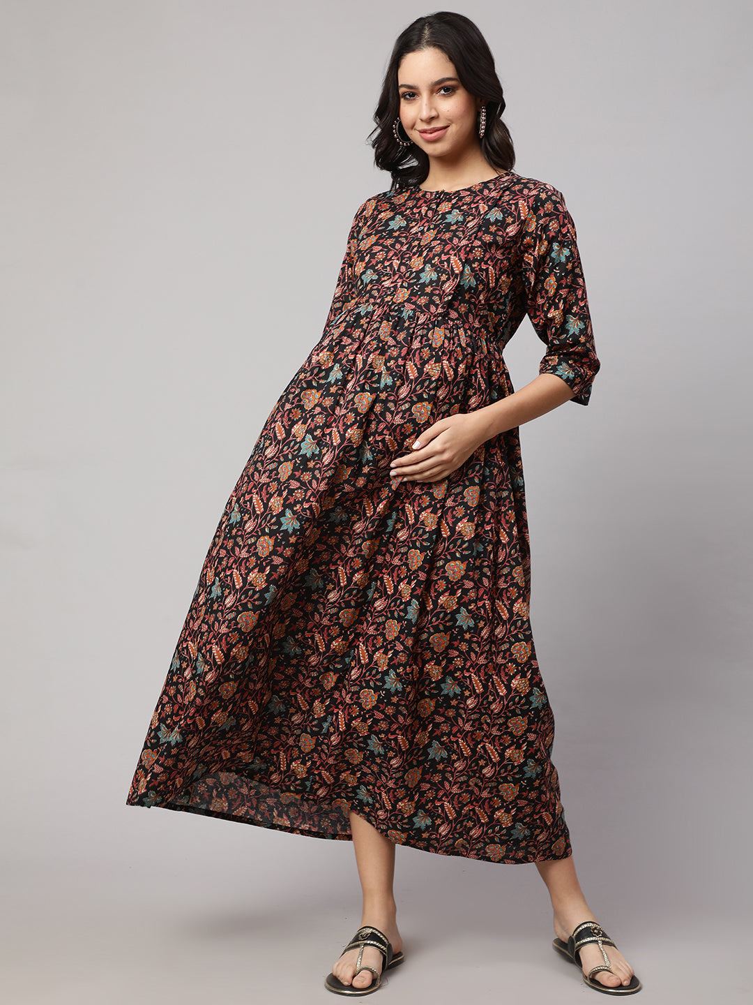 Black Printed Flared Maternity Dress