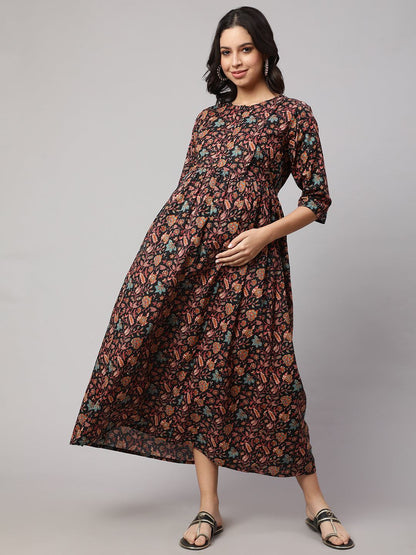 Black Printed Flared Maternity Dress