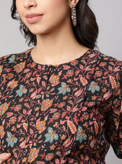 Black Printed Flared Maternity Dress