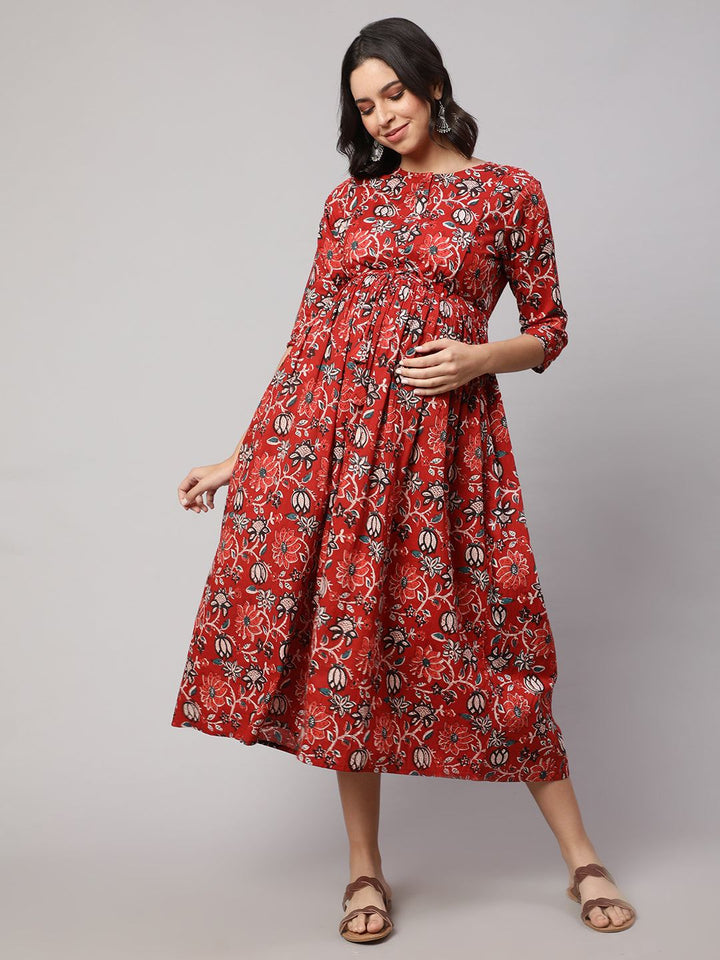 Red Floral Printed Flared Maternity Dress