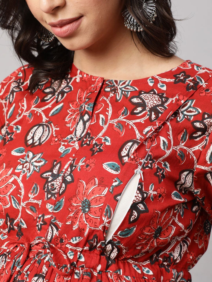 Red Floral Printed Flared Maternity Dress