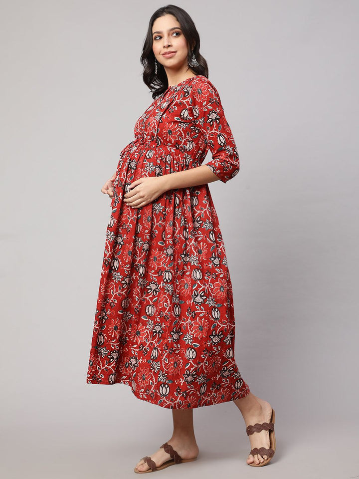 Red Floral Printed Flared Maternity Dress