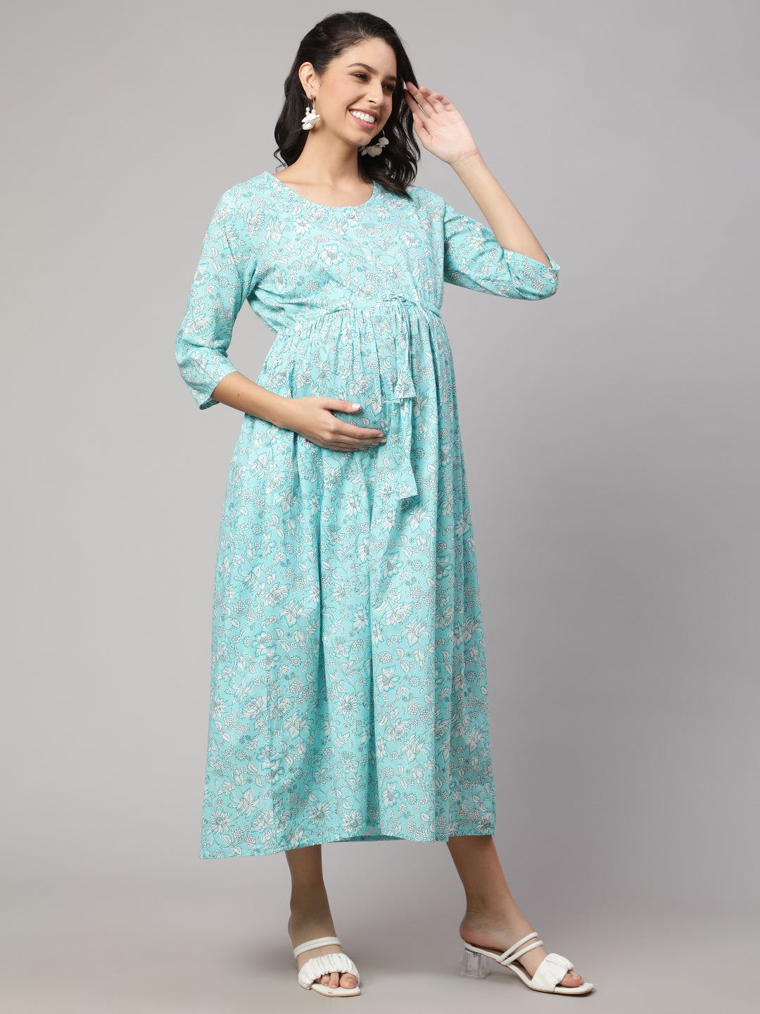 Blue Floral Printed Flared Maternity Dress