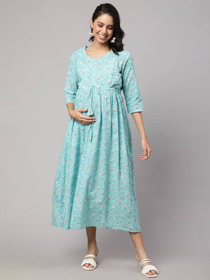 Blue Floral Printed Flared Maternity Dress