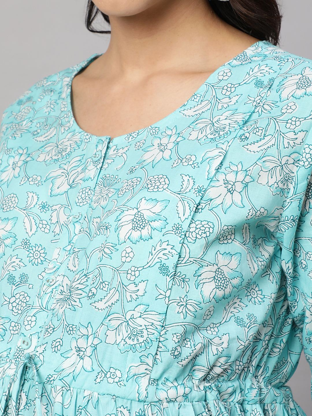 Blue Floral Printed Flared Maternity Dress