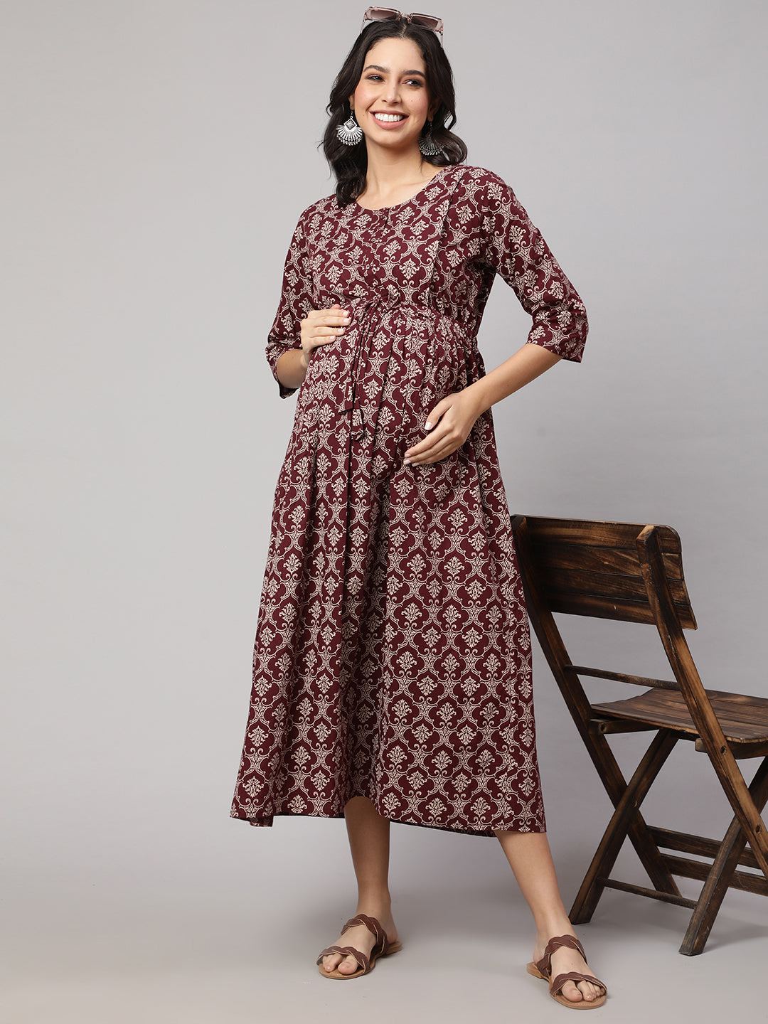 Burgundy Printed Maternity Dress