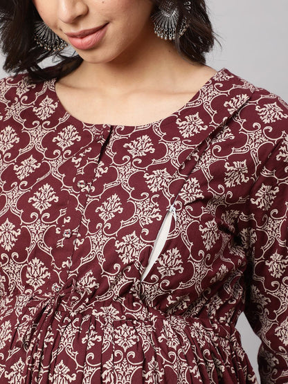 Burgundy Printed Maternity Dress