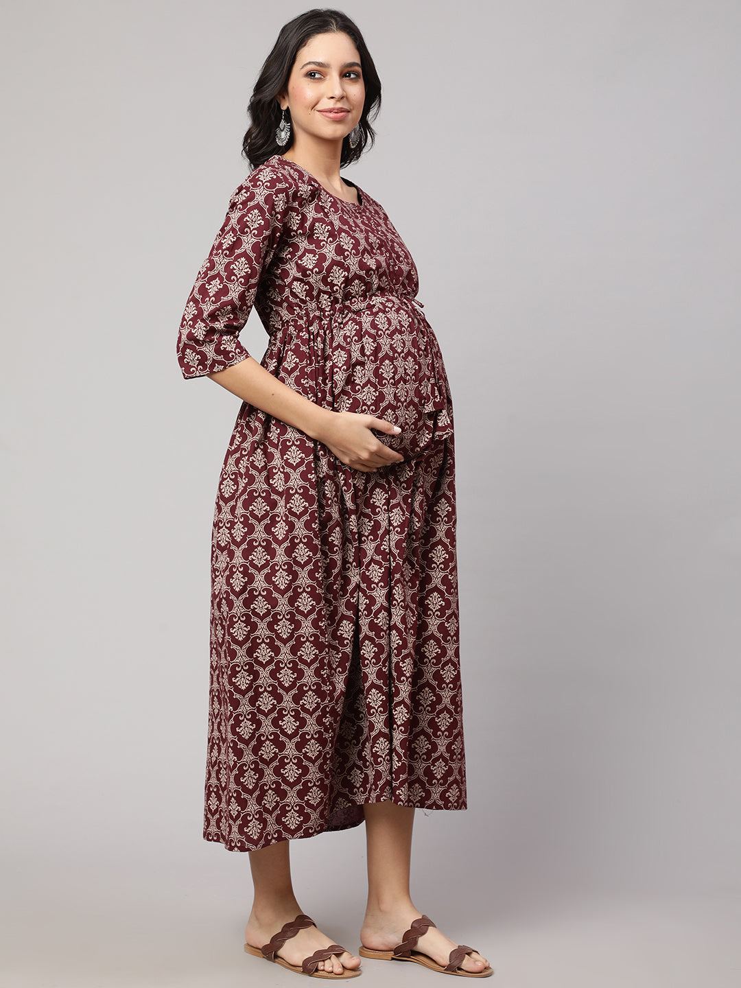 Burgundy Printed Maternity Dress