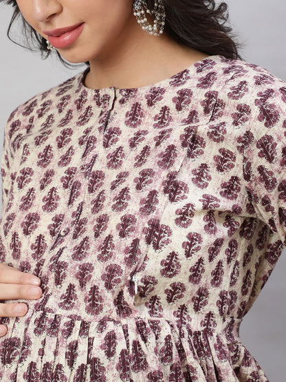 Beige Printed Flared Maternity Dress